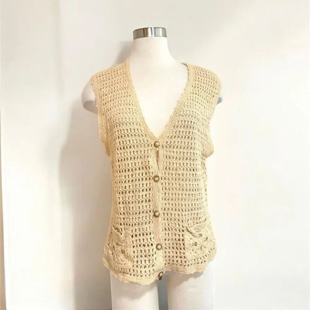 Vintage Country Classics Crochet Woven Sweater Vest Tan Medium